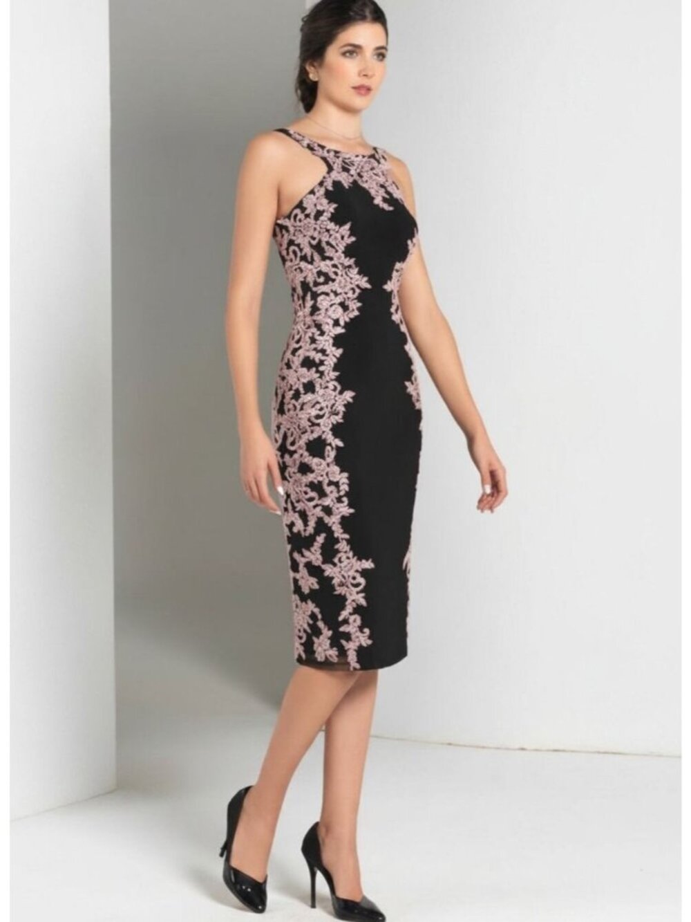 XSCAPE Black Midi Sheath Dress with Pink Lace Applique Size 6